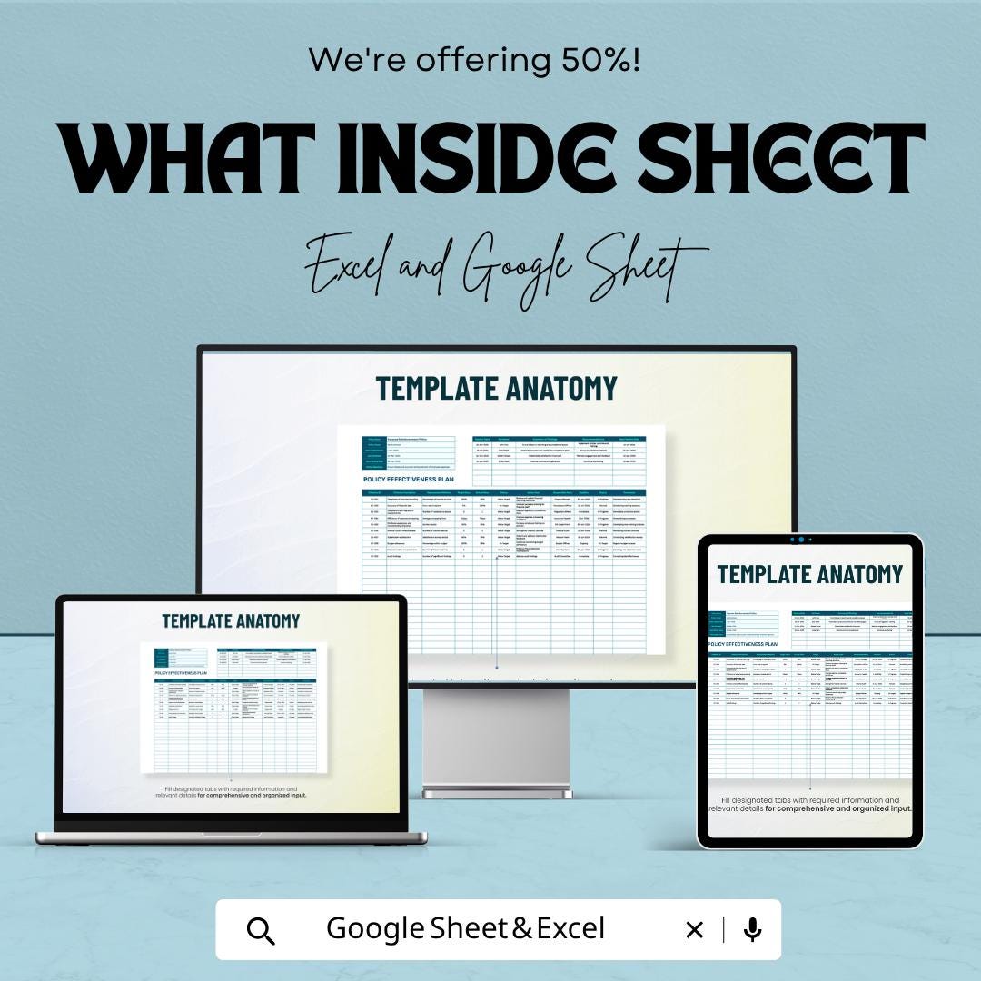 Financial Policy Effectiveness Plan Template | Policy Evaluation Spreadsheet | Compliance Tracker | Audit Planning Sheet