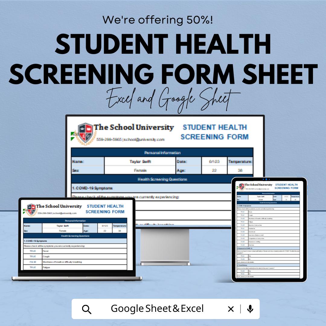 Student Health Screening Form Sheet | Google Sheets & Excel | School Health Log | Daily Symptom Tracker | Editable Health Form