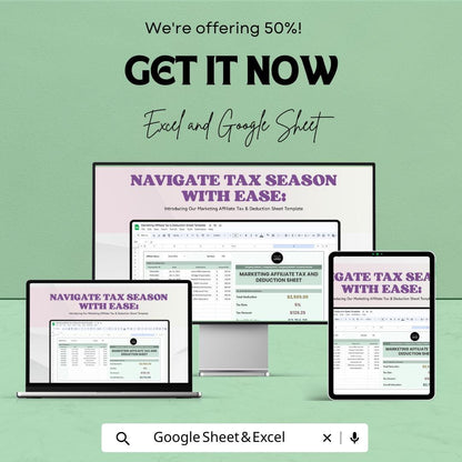 Marketing Affiliate Tax and Deduction Sheet Template | Affiliate Tax Tracker | Tax Deduction Spreadsheet | Excel & Google Sheets Template |