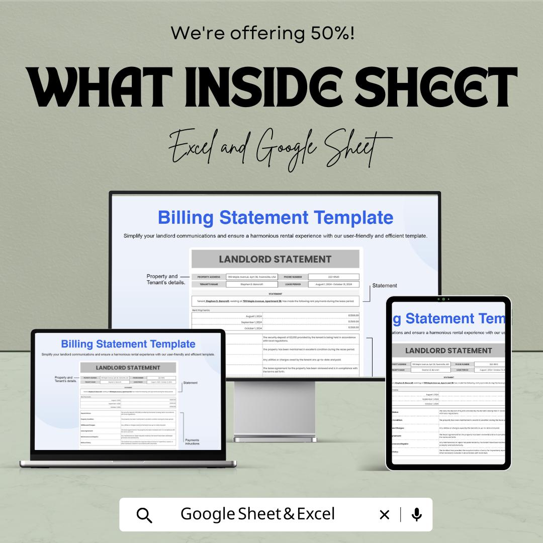 Landlord Statement Template | Rental Payment Tracker | Tenant Billing Sheet | Excel & Google Sheet
