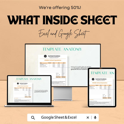 Middle School Quotation Sheet | Editable Excel & Google Sheets Template | Customizable Pricing Sheet for Schools | Instant Download