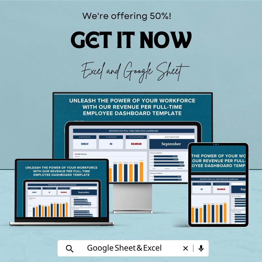 Revenue Per Full-Time Employee Dashboard Template for Excel and Google Sheets | Employee Revenue Tracking & Financial Analytics