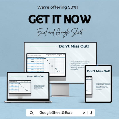Software Project Plan Template | Project Management Spreadsheet | Gantt Chart Planner | Excel & Google Sheets | Task Tracker Dashboard