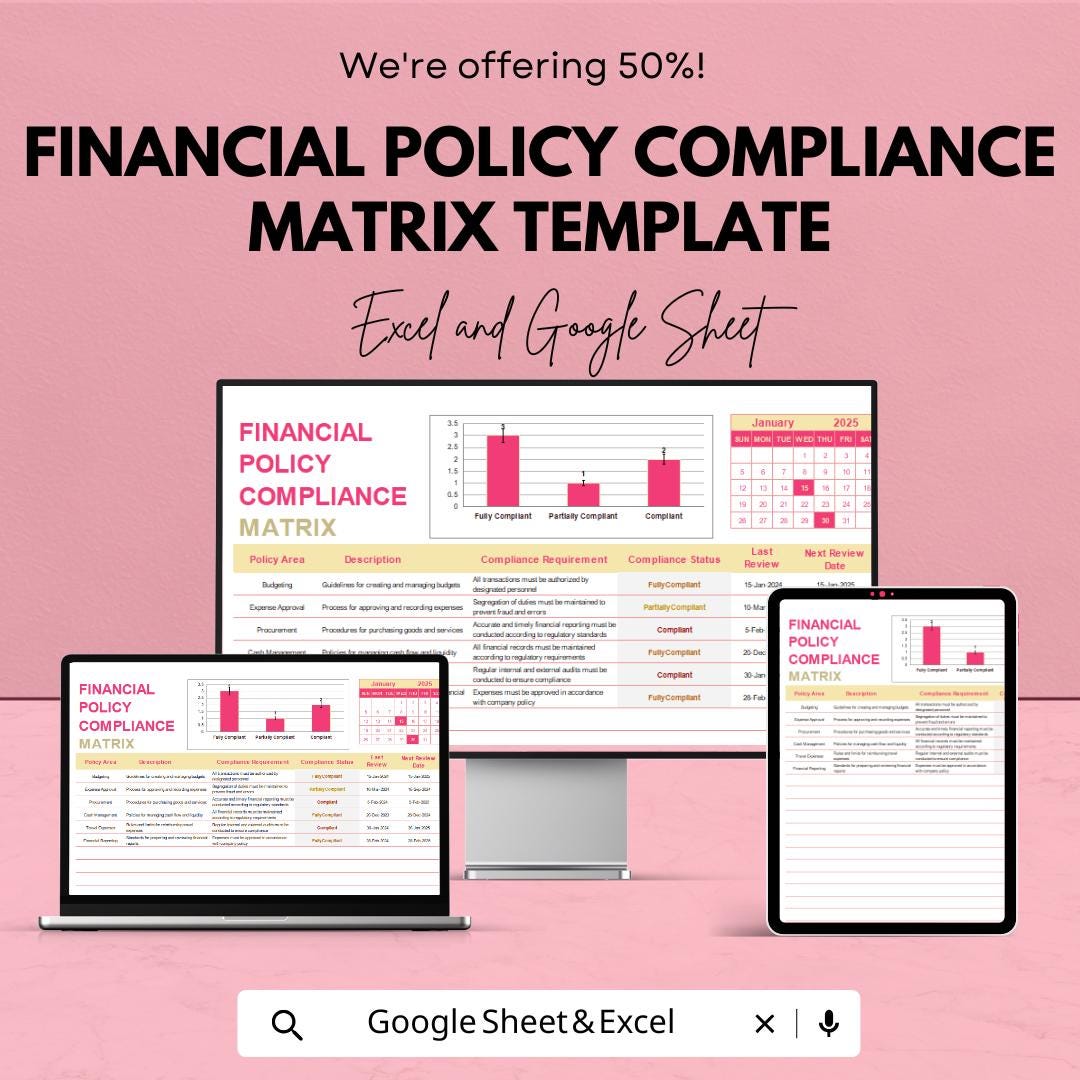 Financial Policy Compliance Matrix Template | Excel & Google Sheets | Internal Control Compliance Tracker | Policy Assessment Spreadsheet
