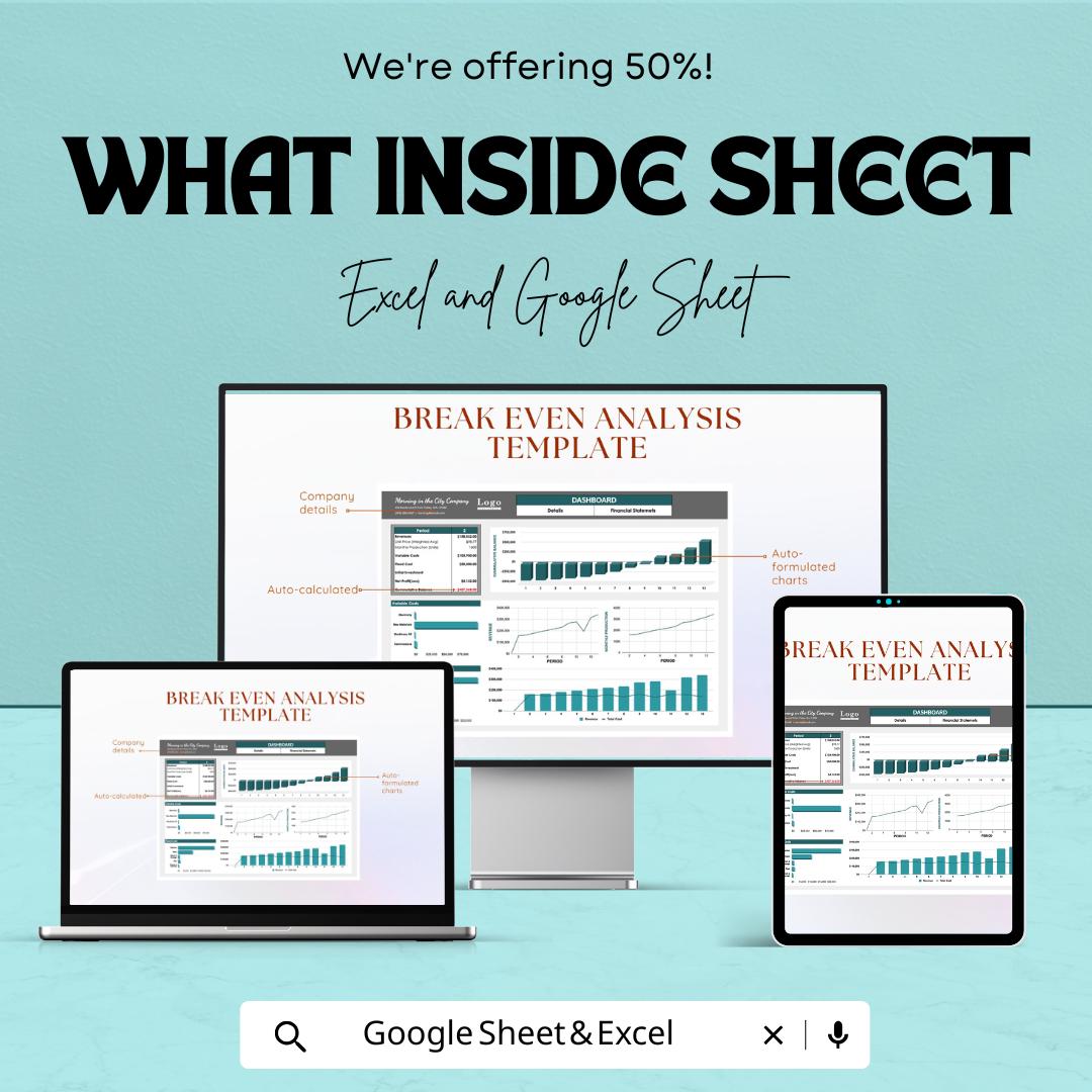 Break Even Analysis Template | Excel and Google Sheets Financial Dashboard | Profit and Loss Calculator | Business Cost and Pricing Planner