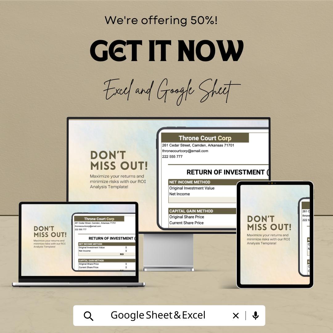 Return On Investment ROI Analysis Template | Excel & Google Sheets ROI Calculator | Investment Analysis Spreadsheet | Profit Tracking Tool
