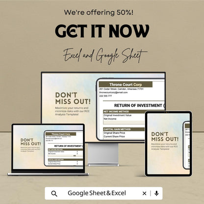 Return On Investment ROI Analysis Template | Excel & Google Sheets ROI Calculator | Investment Analysis Spreadsheet | Profit Tracking Tool