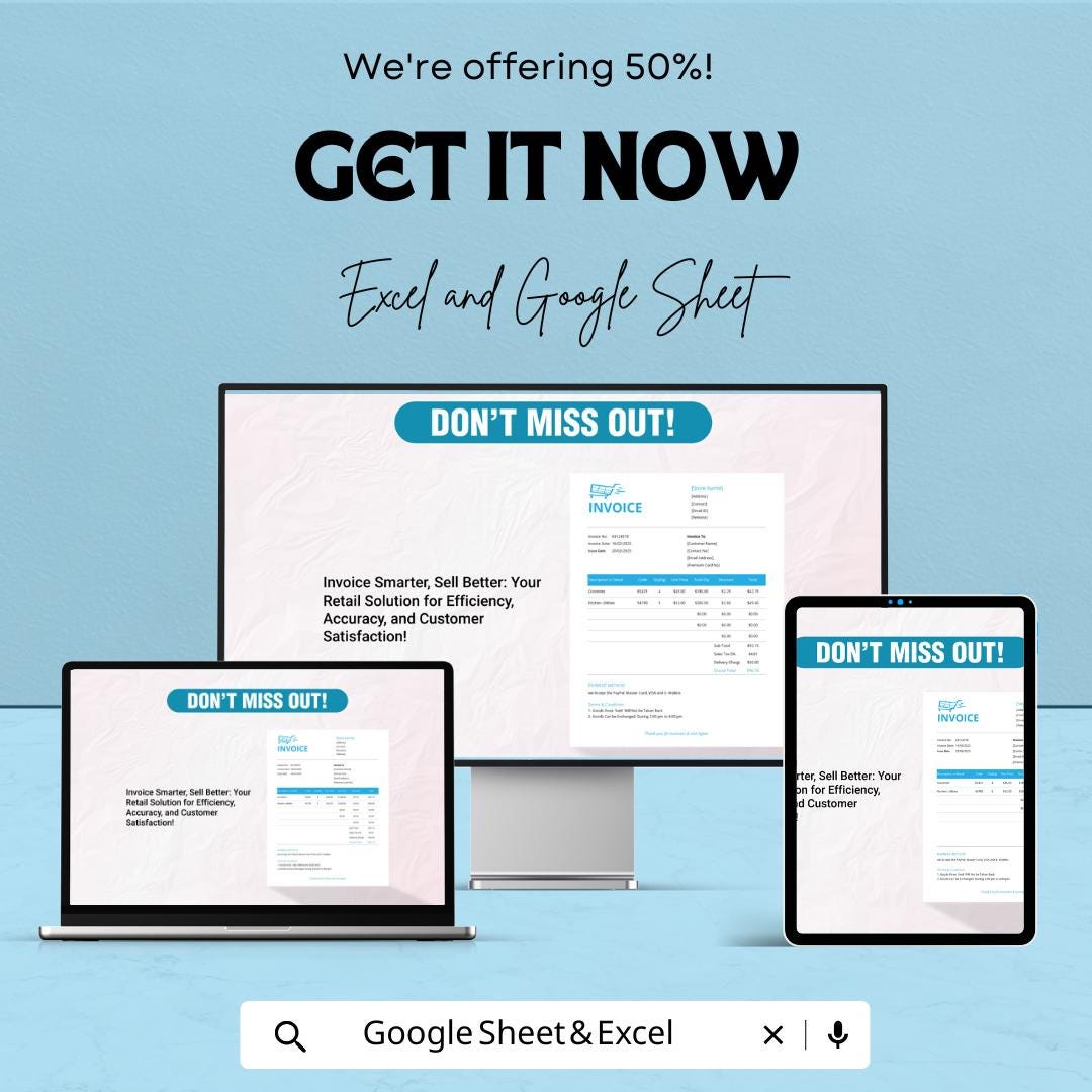 Retail Store Invoice Sheet Template for Excel and Google Sheets | Instant Download | 50% Off | Customizable & Easy Billing