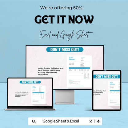 Retail Store Invoice Sheet Template for Excel and Google Sheets | Instant Download | 50% Off | Customizable & Easy Billing