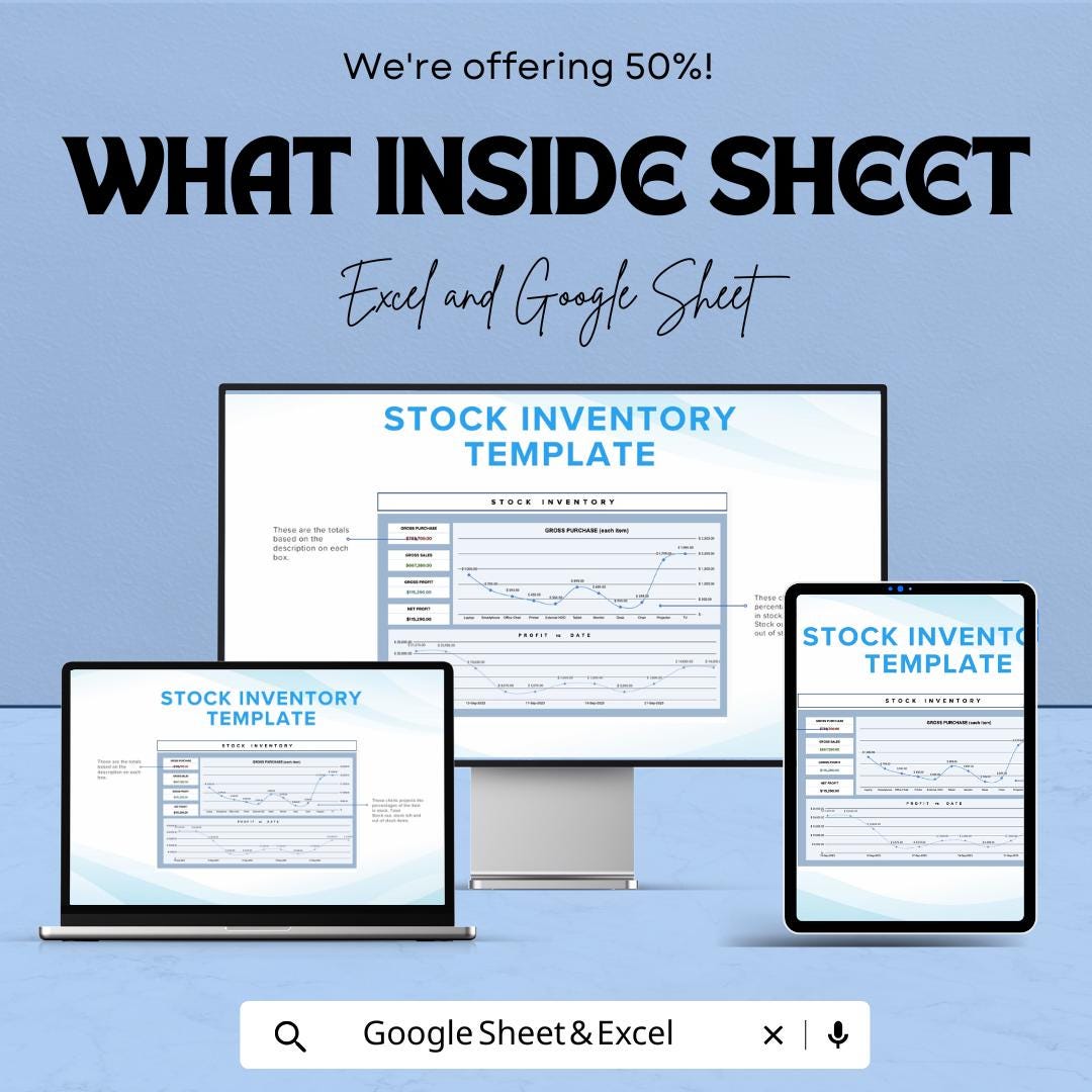 Stock Inventory Sheet for Small Business – Google Sheet – Track Purchases, Sales, Profit, and Stock Levels – Inventory Management Template