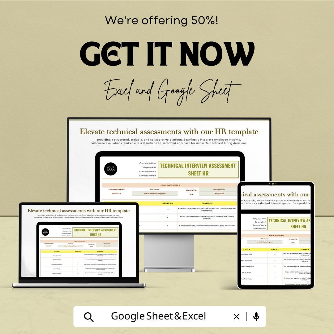 Technical Interview Assessment Sheet Template | Candidate Evaluation Form | Hiring Scorecard Spreadsheet | HR Interview Tracker
