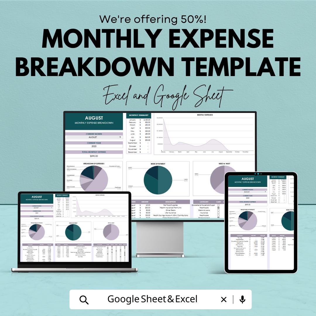 Monthly Expense Breakdown Template, Personal Budget Tracker, Excel & Google Sheets Expense Dashboard, Monthly Finance Spreadsheet