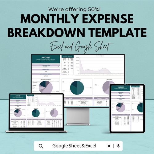 Monthly Expense Breakdown Template, Personal Budget Tracker, Excel & Google Sheets Expense Dashboard, Monthly Finance Spreadsheet