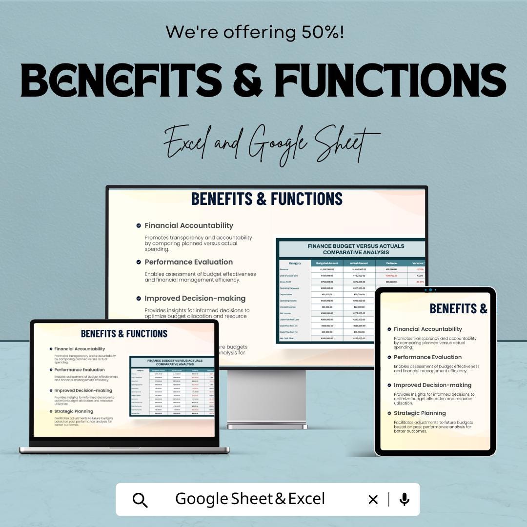 Finance Budget vs Actuals Comparative Analysis Sheet - Excel and Google Sheets Template for Financial Planning & Budget Tracking