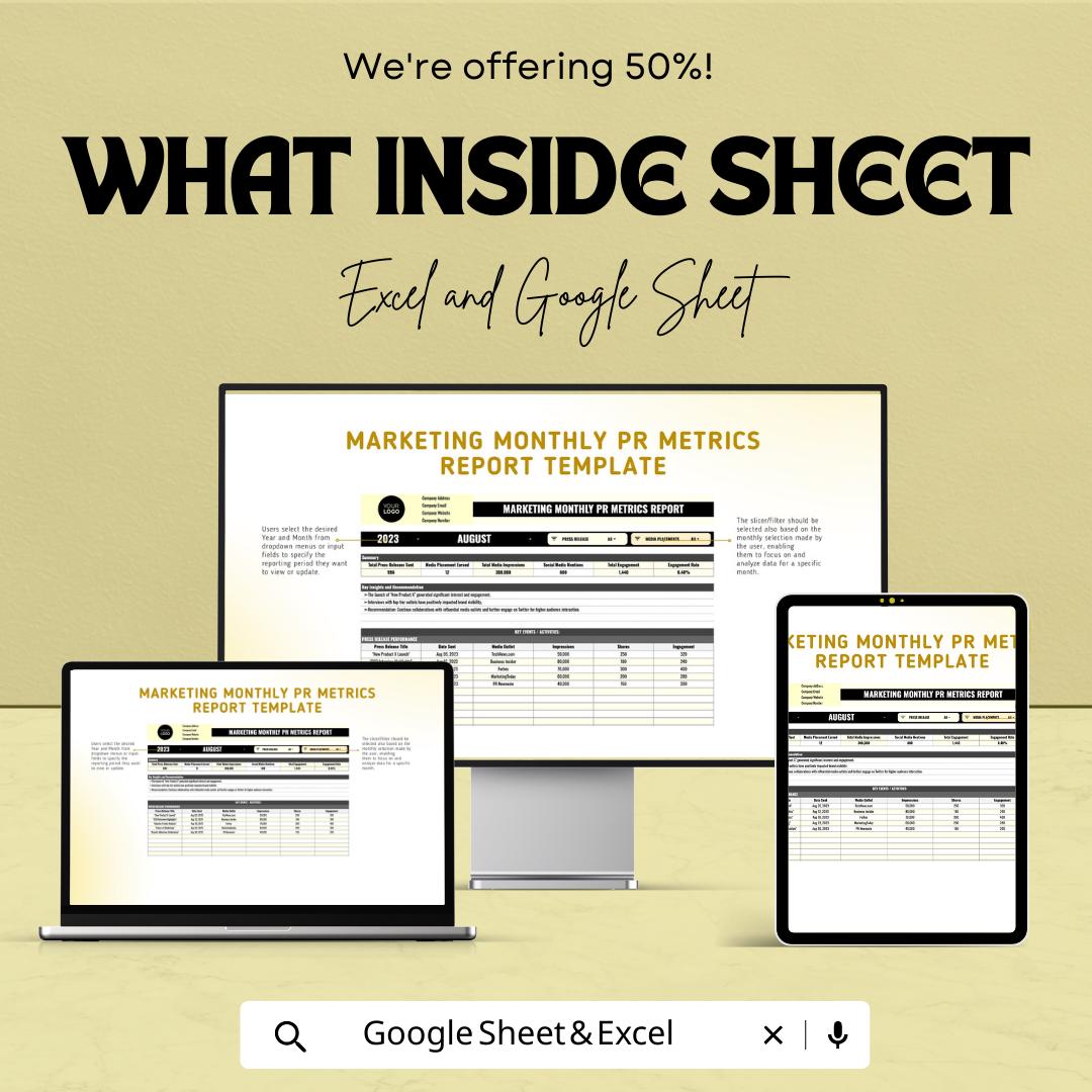 Marketing Monthly PR Report Template, PR Metrics Tracker, Excel & Google Sheets Public Relations Dashboard, Media Coverage Report