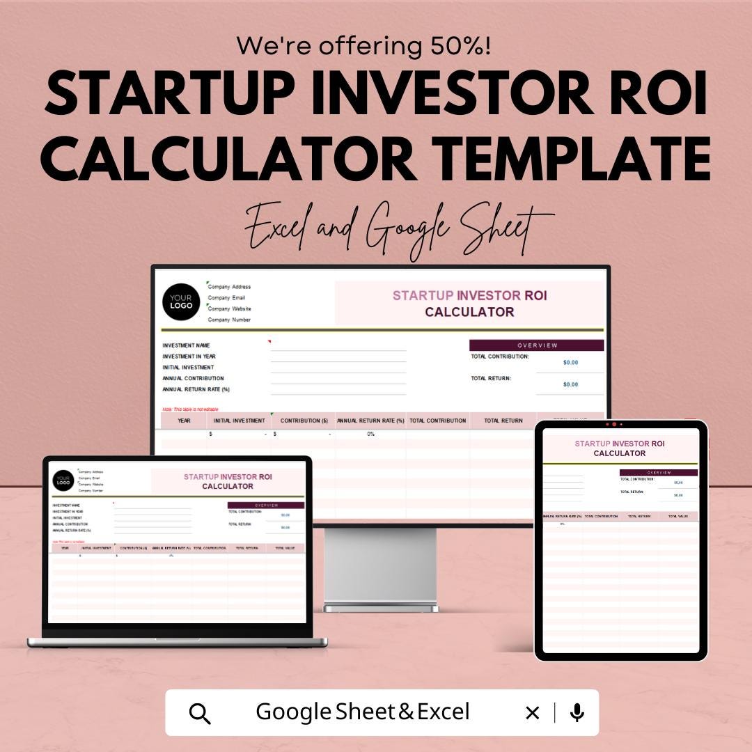 Startup Investor ROI Calculator Template | Excel & Google Sheets Investment Tracker | Business Finance Spreadsheet