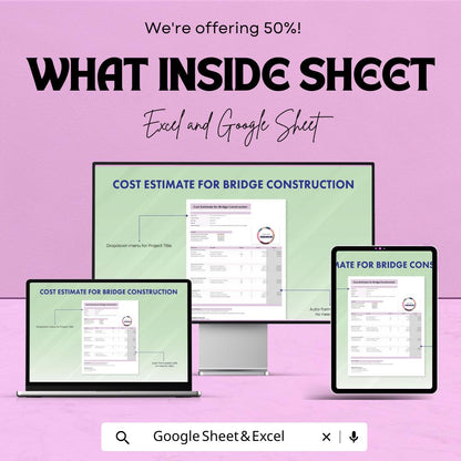 Cost Estimate for Bridge Construction Template | Excel and Google Sheets | Construction Budget & Project Management Tool