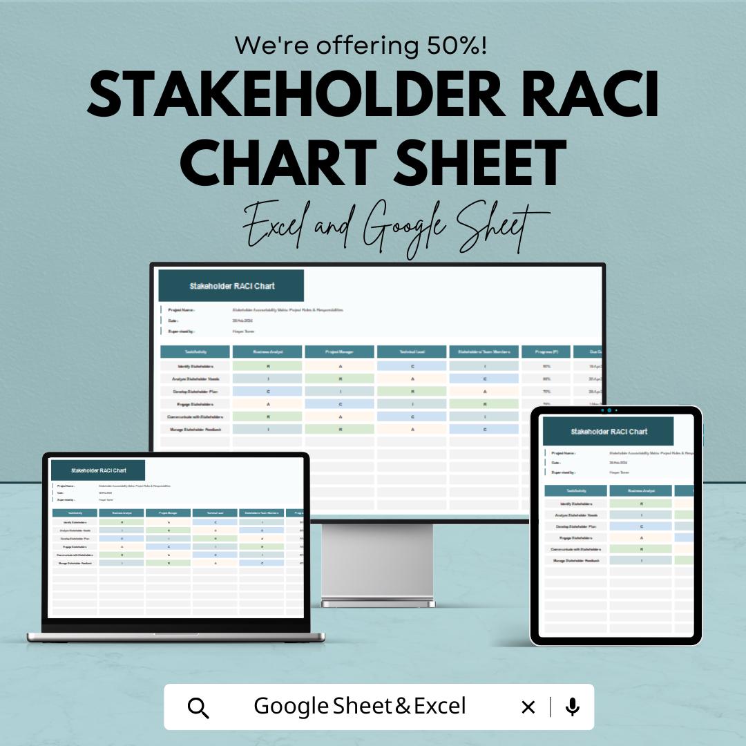 Stakeholder RACI Chart Excel and Google Sheets Template - Project Management Tool for Roles & Responsibilities - Customizable RACI Matrix