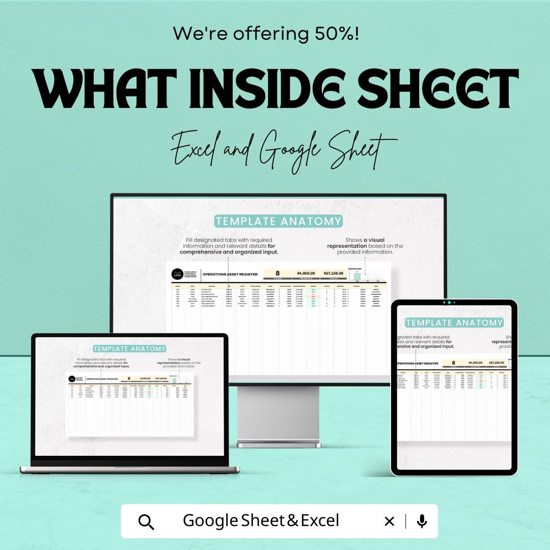 Operations Asset Register Template | Asset Management Spreadsheet | Excel & Google Sheets | Business Asset Tracker
