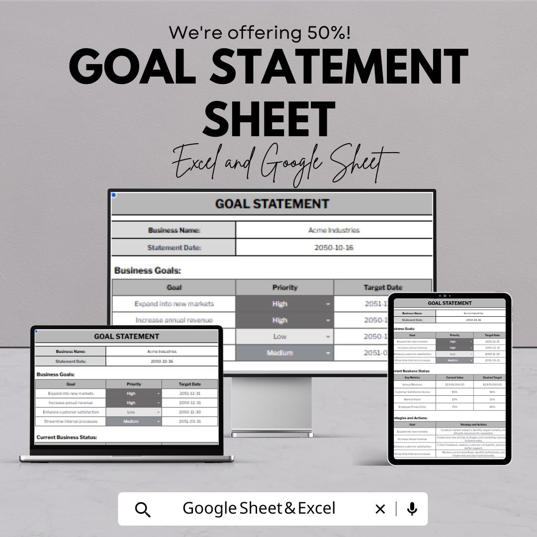 Goal Statement Template - Business Goal Setting Google Sheets Template, Track Priorities and Targets, Instant Download, Financial Planning
