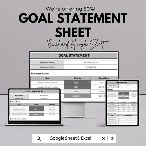 Goal Statement Template - Business Goal Setting Google Sheets Template, Track Priorities and Targets, Instant Download, Financial Planning