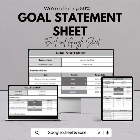 Goal Statement Template - Business Goal Setting Google Sheets Template, Track Priorities and Targets, Instant Download, Financial Planning