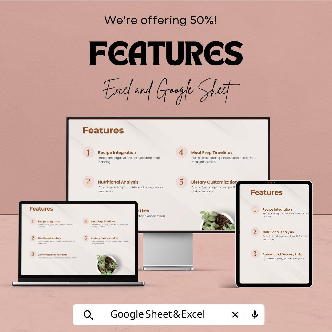 Meal Planner Sheet | Weekly & Monthly Meal Planner Template | Easy Meal Planning and Grocery List Generator | Meal Prep and Nutrition