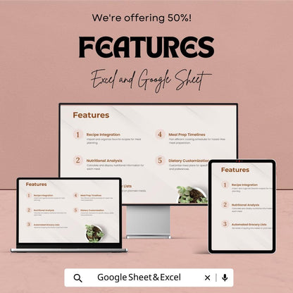 Meal Planner Sheet | Weekly & Monthly Meal Planner Template | Easy Meal Planning and Grocery List Generator | Meal Prep and Nutrition