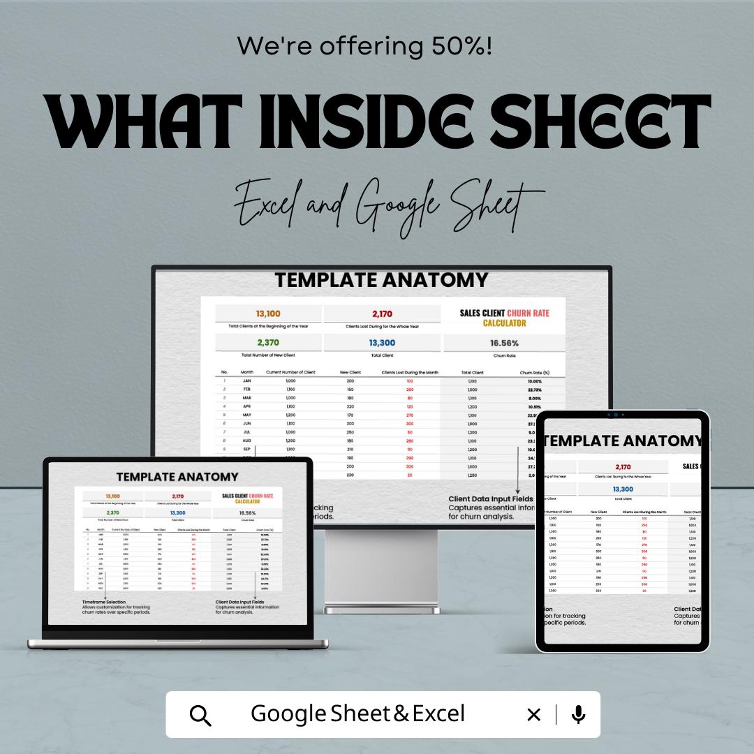 Sales Client Churn Rate Calculator Template | Excel & Google Sheets | Customer Churn Analysis Spreadsheet | Retention Tracker