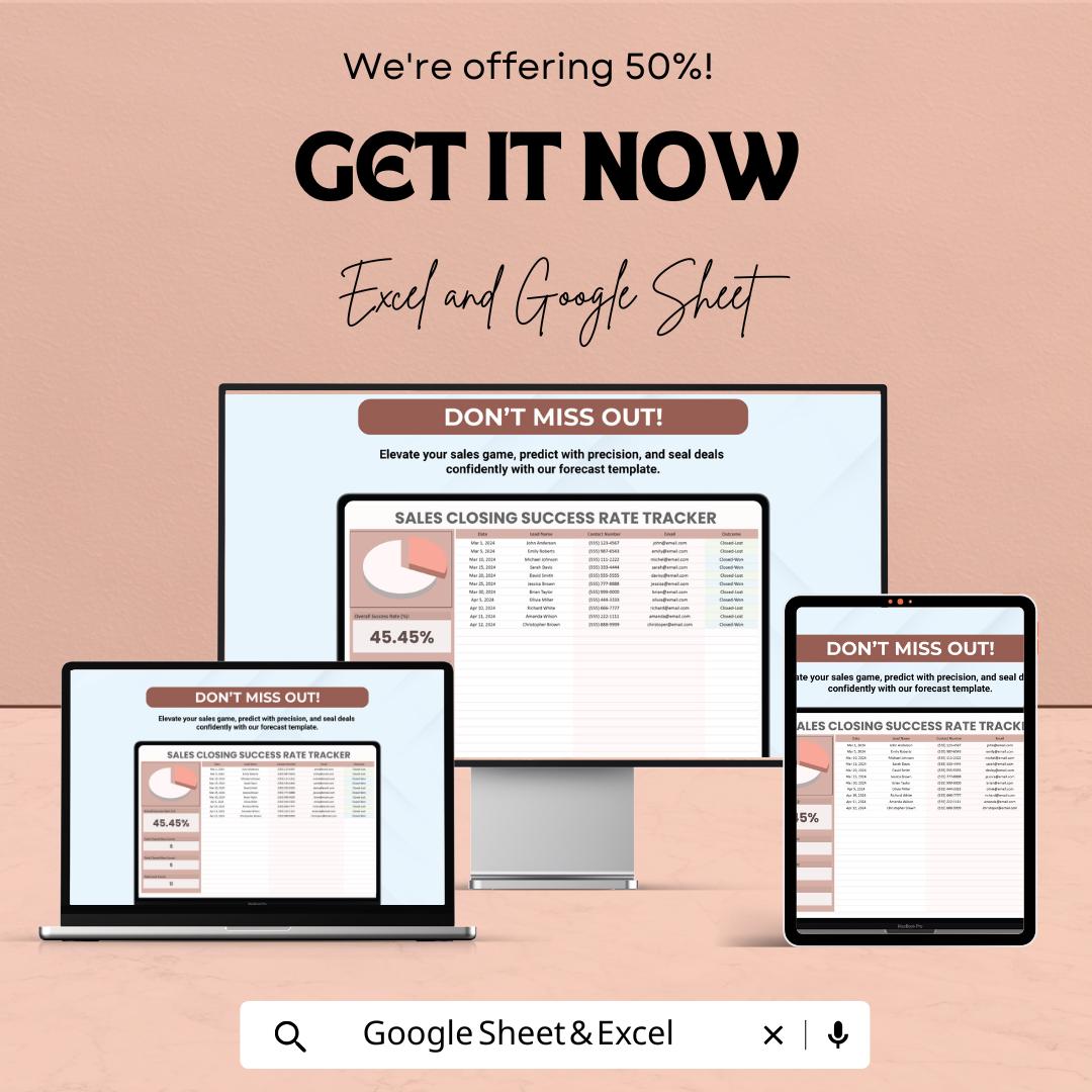 Sales Closing Success Rate Tracker Sheet - Excel & Google Sheets Template | Sales Performance Tracker | Close Rate Monitor for 2024