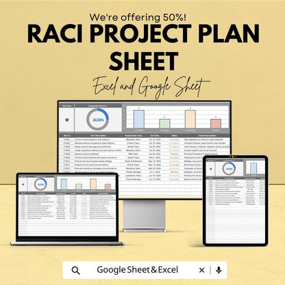 RACI Project Plan Sheet for Project Management | Excel and Google Sheet Template | Task Tracking & Responsibility Matrix