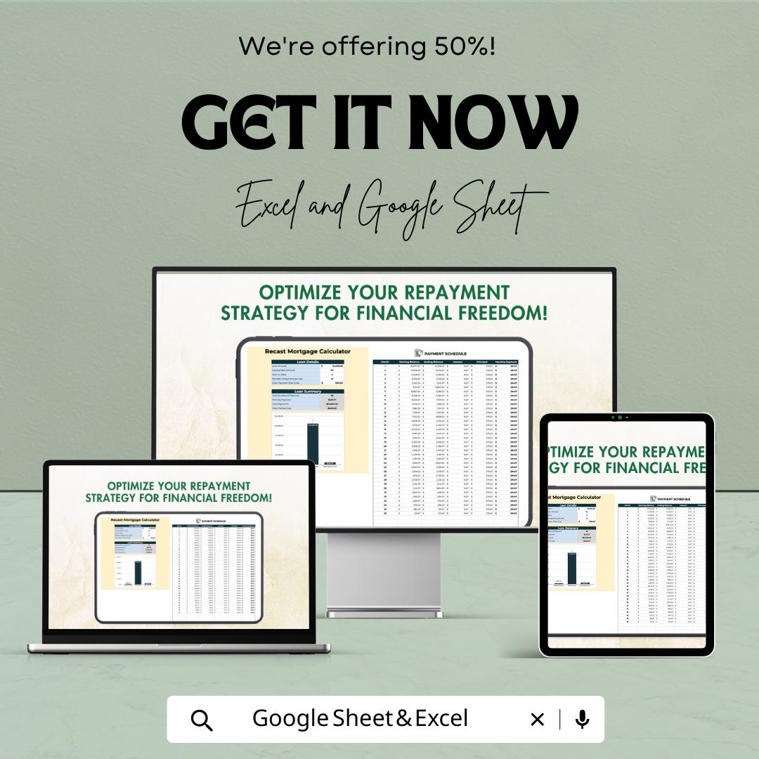 Recast Mortgage Calculator Template | Loan Recast Calculator | Mortgage Payment Reduction Planner | Amortization Spreadsheet