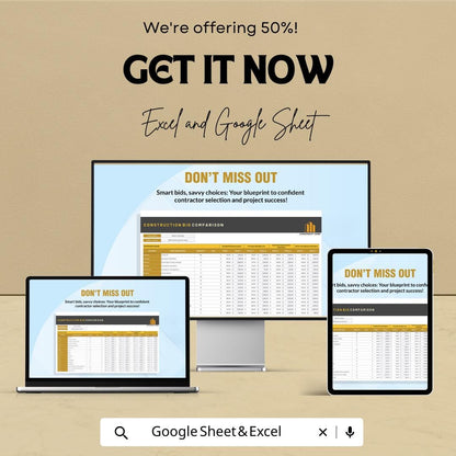 Construction Bid Comparison Template | Contractor Estimate Sheet | Project Cost Analysis | Construction Budget Tool
