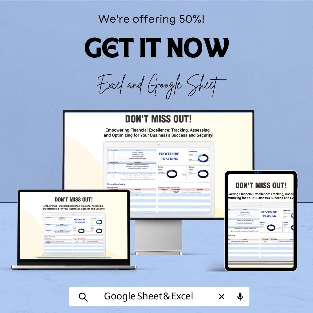 Financial Procedure Tracking Sheet | Excel & Google Sheets | Monitor and Optimize Financial Procedures | Customizable | Instant Download