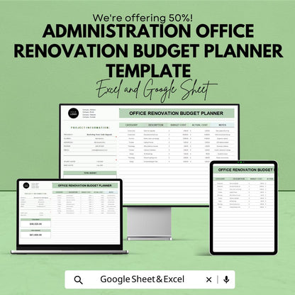 Administration Office Renovation Budget Planner Template | Office Remodel Budget Spreadsheet | Excel & Google Sheets
