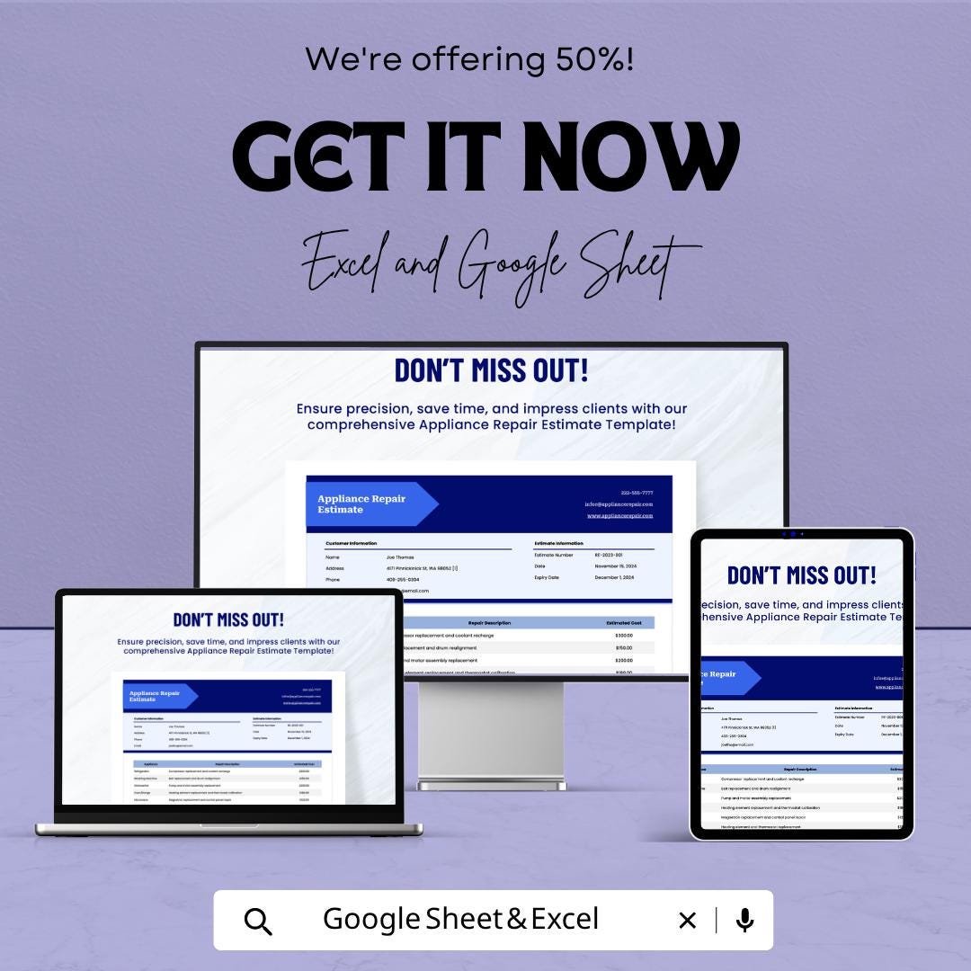 Appliance Repair Estimate Template | Repair Estimate Spreadsheet | Service Invoice Template | Repair Cost Estimate Sheet