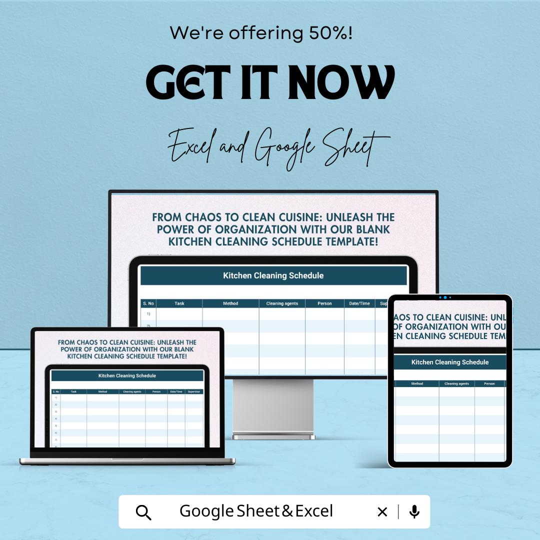 Blank Kitchen Cleaning Schedule Sheet | Task Management Template | Excel & Google Sheets | 50% Off