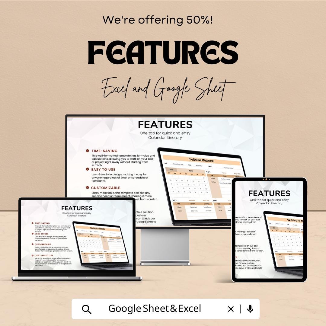 Calendar Itinerary Template | Excel and Google Sheets Planner | Event Schedule Organizer | Daily Travel Itinerary | Trip Plan Schedule Sheet