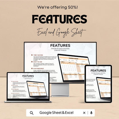 Calendar Itinerary Template | Excel and Google Sheets Planner | Event Schedule Organizer | Daily Travel Itinerary | Trip Plan Schedule Sheet