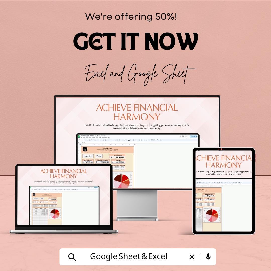 50 30 20 Budget Template | Monthly Budget Spreadsheet | Personal Finance Planner | Excel & Google Sheets