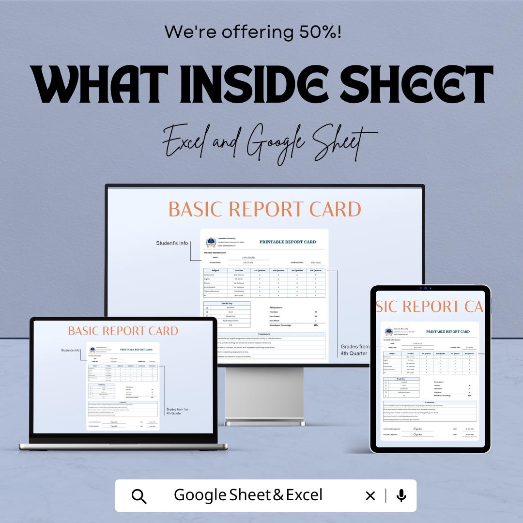 Printable Report Card Template | Excel & Google Sheets | Editable Student Progress Tracker | Grade Sheet | School Assessment Form