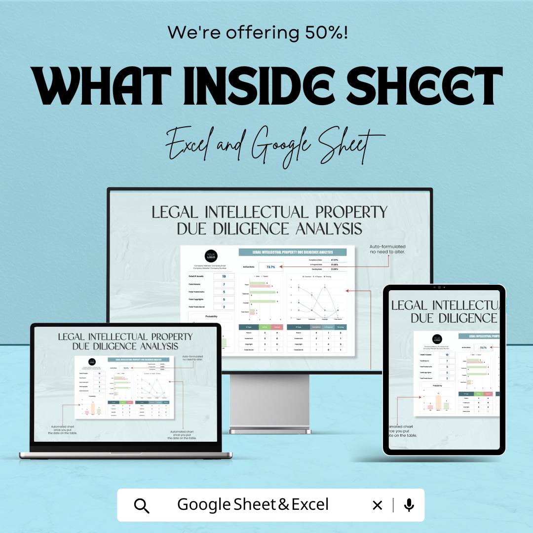 Legal Intellectual Property Due Diligence Analysis Sheet - Google Sheet Template for IP Management - Patent & Trademark Evaluation