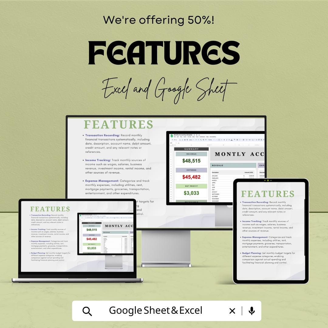 Monthly Accounting Template | Income & Expense Tracker | Monthly Finance Tracker | Accounting Sheet