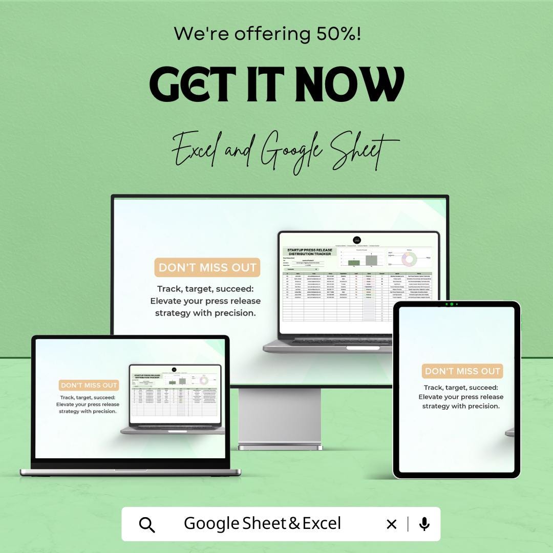 Startup Press Release Distribution Tracker | PR Outreach Spreadsheet | Media Pitch Log | Excel & Google Sheets