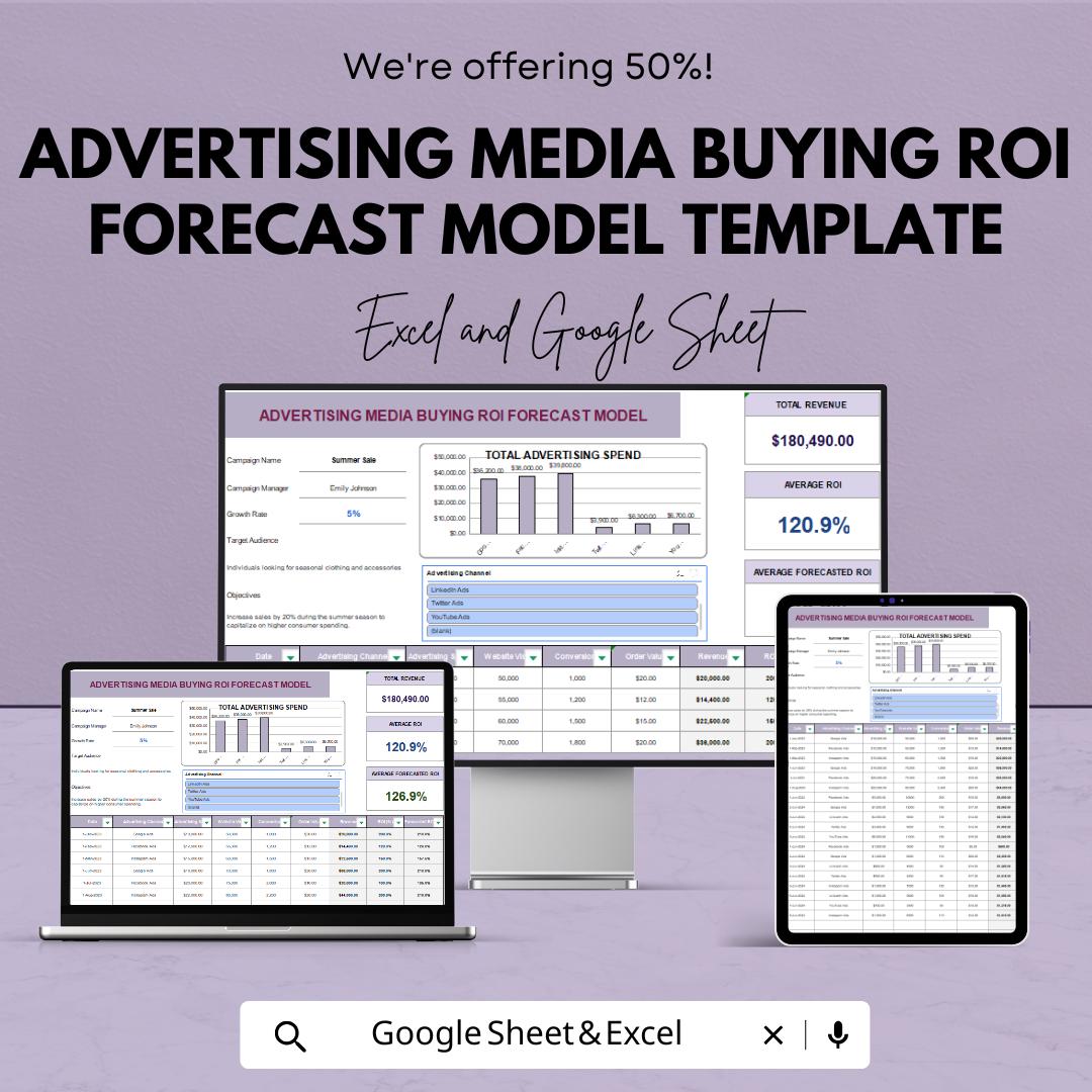 Advertising Media Buying ROI Forecast Model Template | Marketing Budget Planner | ROI Calculator | Digital Marketing Forecast Tool