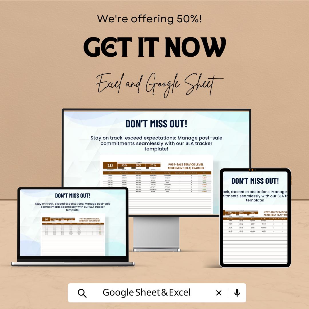 Post-Sale SLA Tracker Template | Service Level Agreement Tracker | Customer Support KPI Tool | Excel & Google Sheets