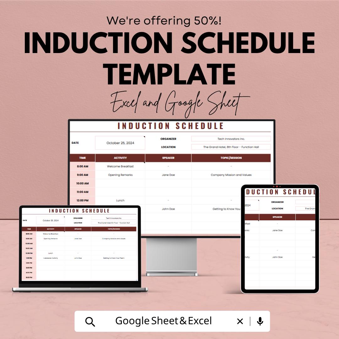 Induction Schedule Template | Employee Onboarding Planner | HR Training Schedule Template | Staff Onboarding Tracker Sheet