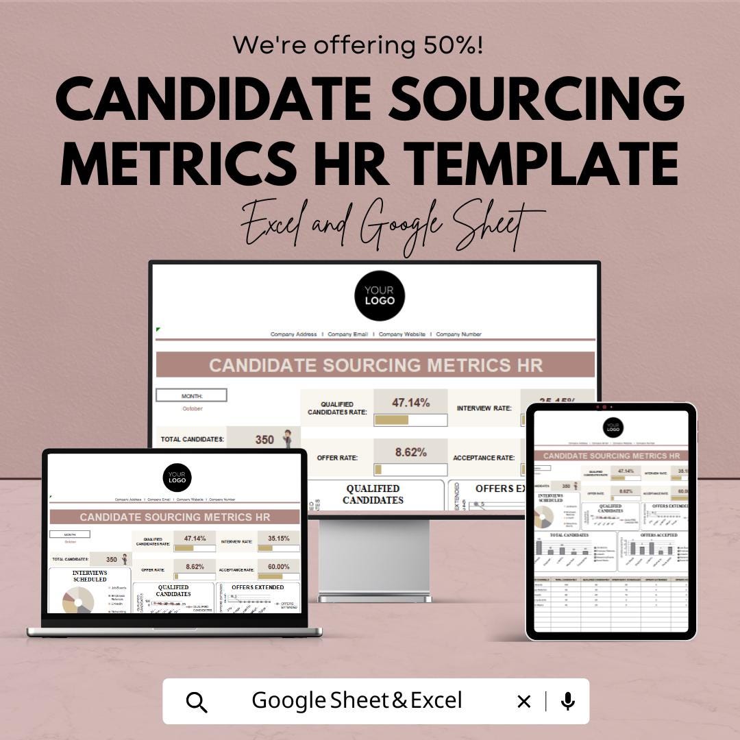 Candidate Sourcing Metrics HR Template | Excel & Google Sheets | Recruitment Analytics Dashboard | Hiring KPI Tracker