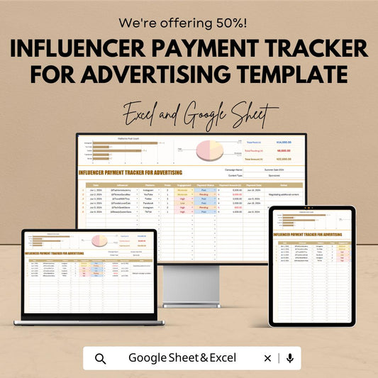 Influencer Payment Tracker Template | Advertising Budget Spreadsheet | Marketing Campaign Tracker | Client Management Planner