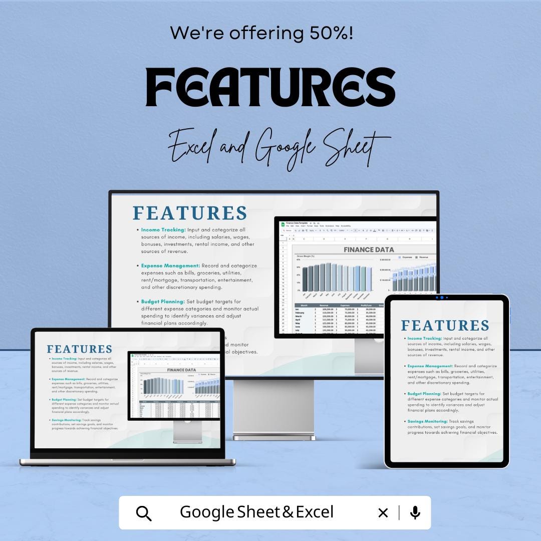 Finance Data Sheet | Google Sheet Template | Financial Analysis and Budget Tracking | Income & Expense Spreadsheet | Monthly Finance Tracker